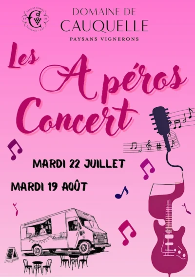 Flyer des Apéros Concerts du mardi 22 juillet et du mardi 19 août 2025 du Domaine de Cauquelle