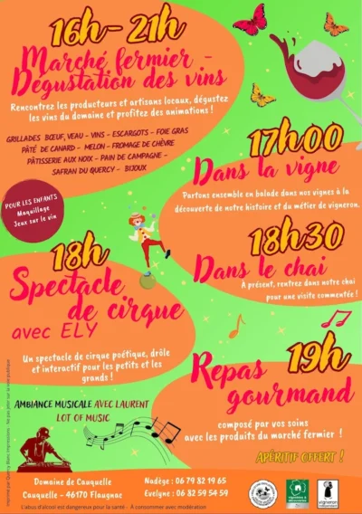 Programme complet du marché à la ferme du mardi 12 août 2025 organisé au Domaine de Cauquelle
