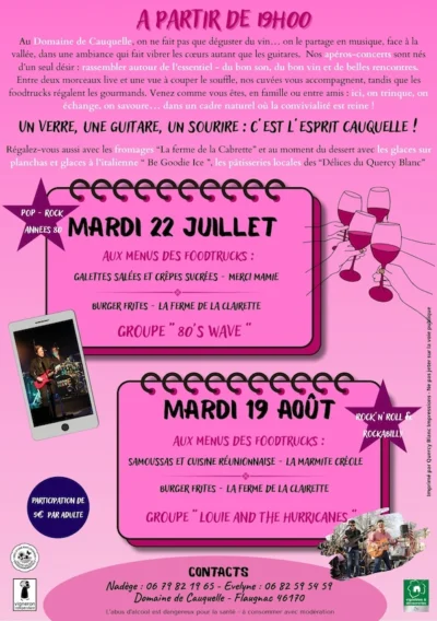 Programmes des apéros concerts des mardi 22 juillet et 19 août 2025 ayant lieu au Domaine de Cauquelle